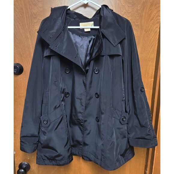 Michael Kors Black Jacket Button Up Hooded Rain Resistant Coat Trench Large - Picture 1 of 6